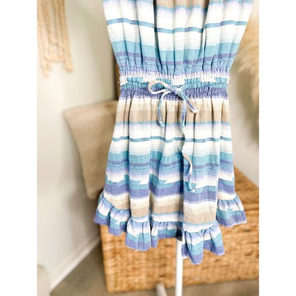 Anthropologie Drew Blue Stripe Off Shoulder Mini Dress Small Puff Sleeve - Picture 3 of 8